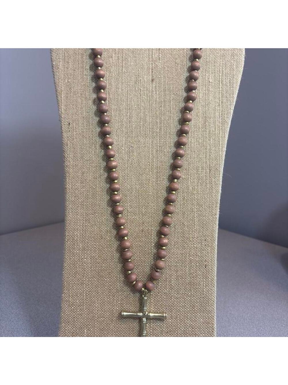 Long Brown Wooden Bead Necklace with Hammered Cross Charm